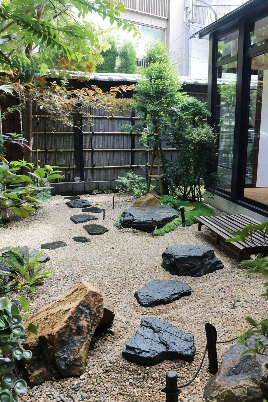 A tranquil Japanese garden with stepping stones, lush greenery, rocks, a wooden bench, and a bamboo fence beside a modern building.