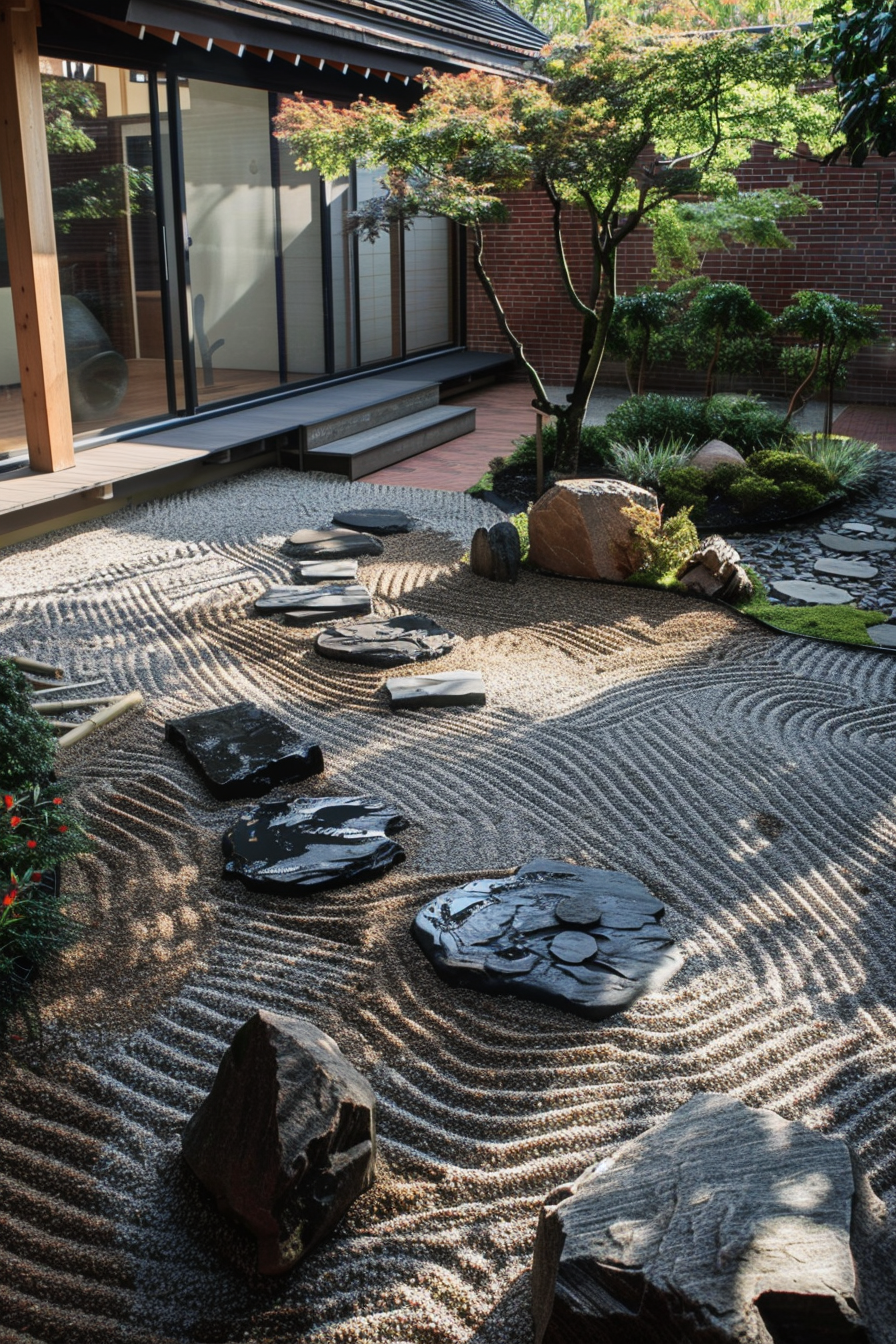 A serene Japanese rock garden with raked gravel, stepping stones, and lush greenery near a traditional building.