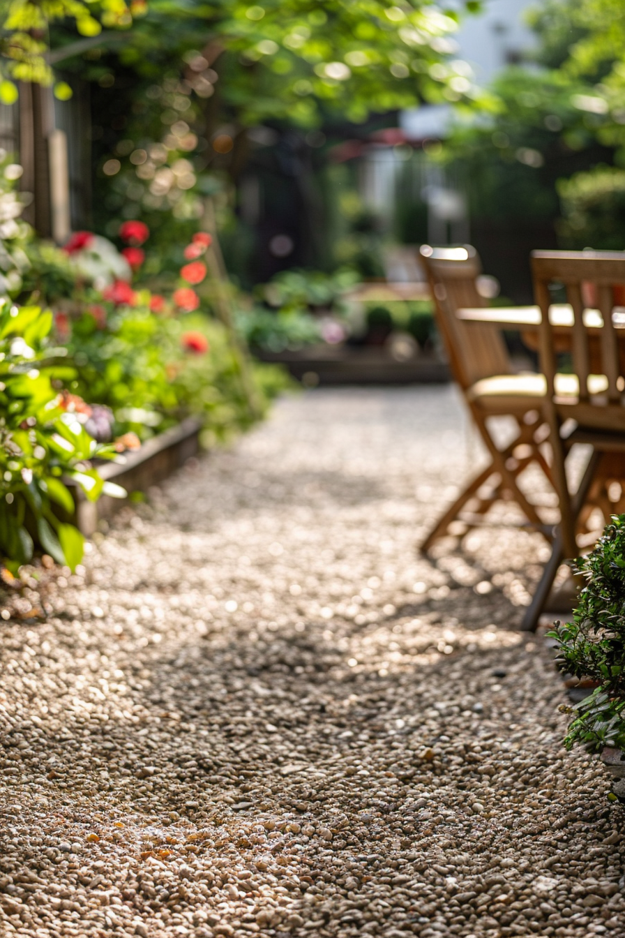ALT text: A sunlit garden pathway lined with green plants and flowers, leading to a wooden table and chairs, all blurred in a bokeh effect.