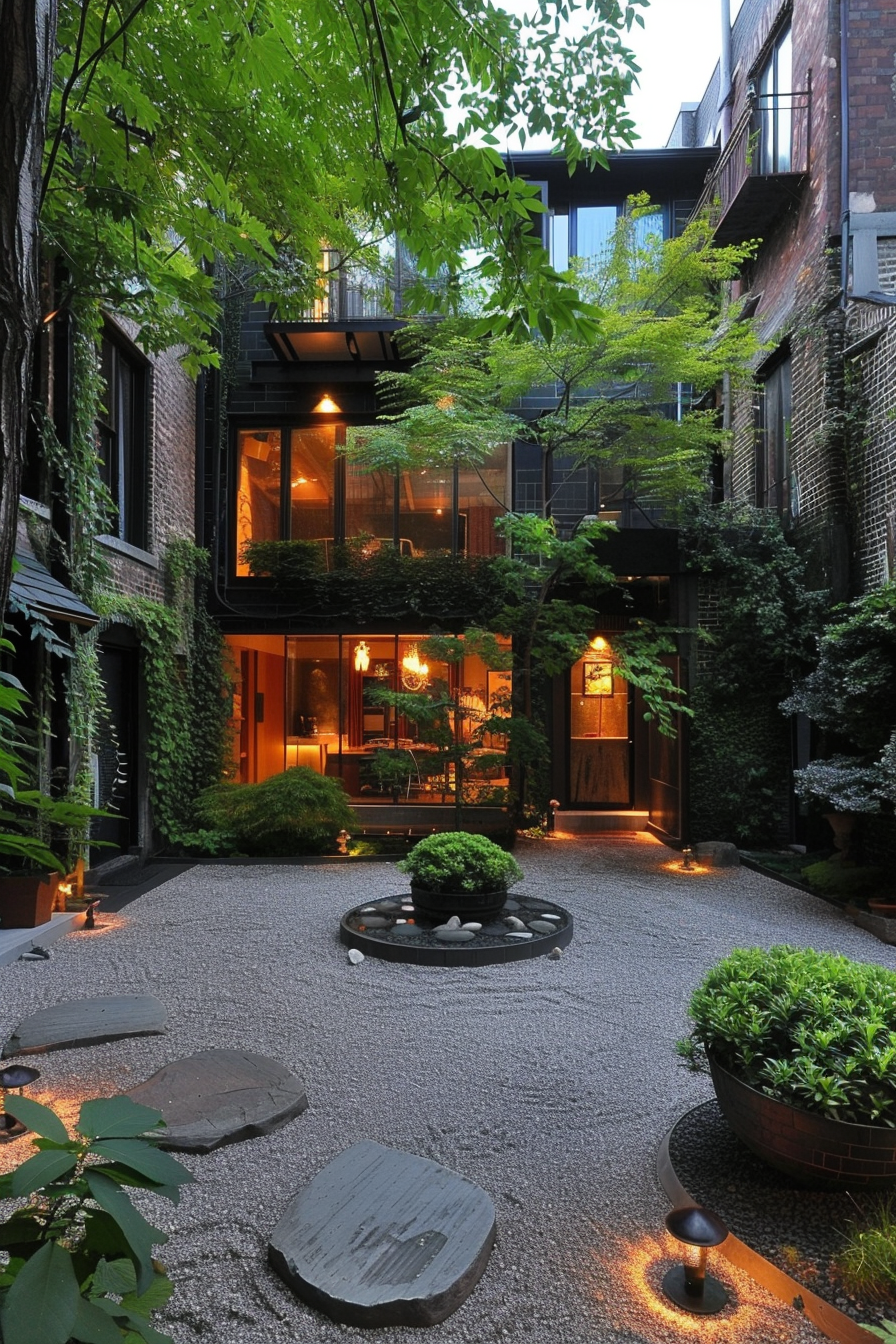 A tranquil urban garden with stepping stones and lush greenery, nestled between modern buildings with warm interior lighting.