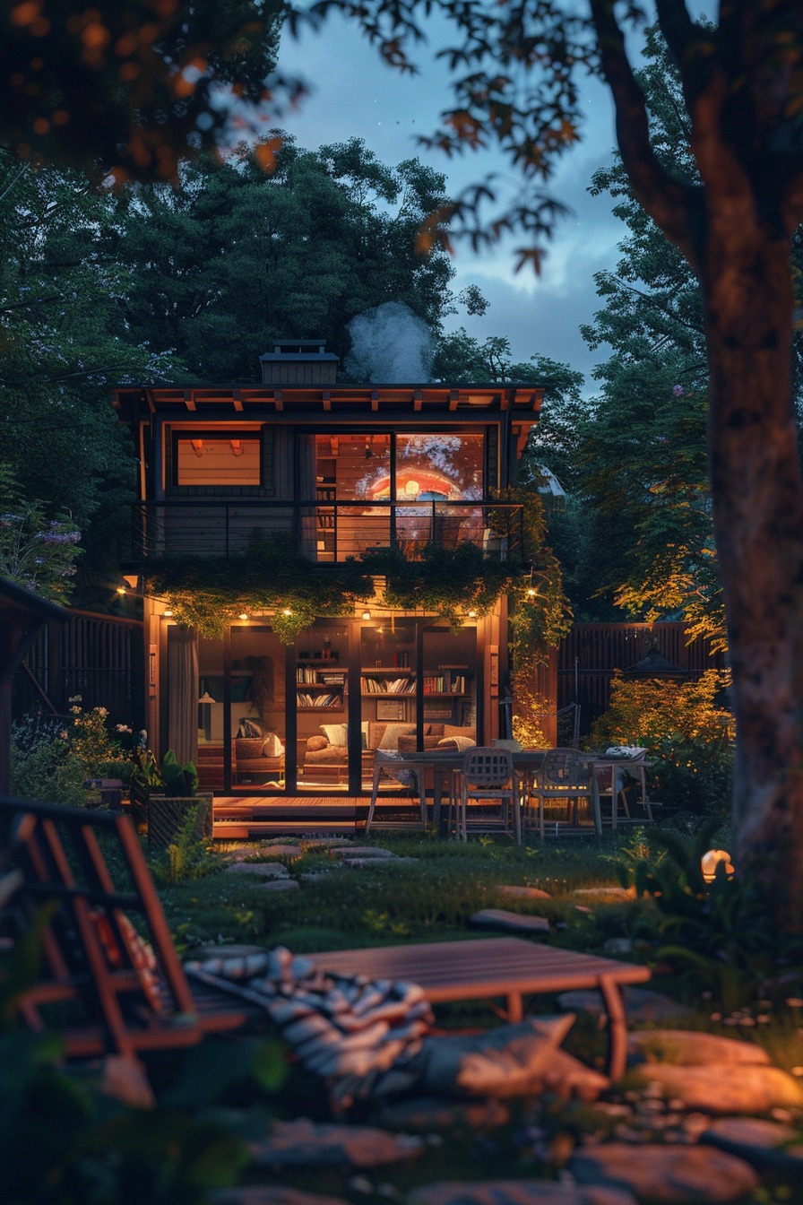 Cozy two-story wooden cabin illuminated at dusk with a warm interior light, surrounded by a garden and trees. Smoke rising from the chimney.