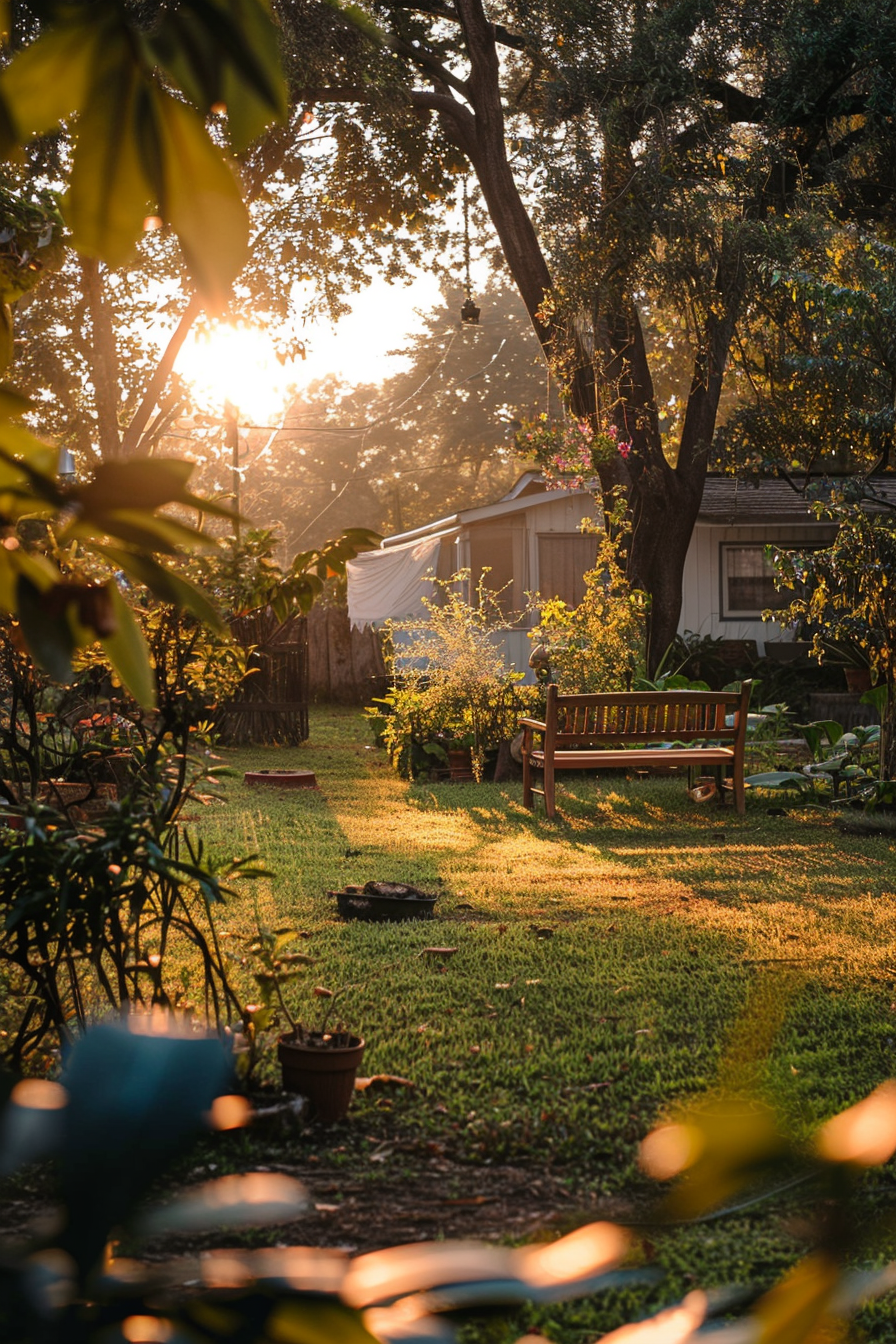 A serene garden at sunset, with a wooden bench, lush greenery, and warm sunlight filtering through the trees.
