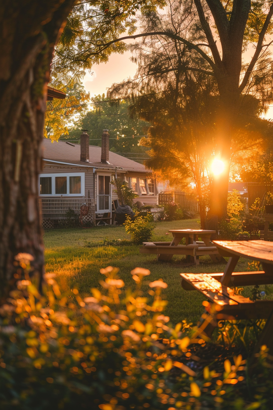 Alt text: Golden hour sunlight filtering through trees in a serene backyard with a house, picnic table, and a hammock creating a warm ambiance.