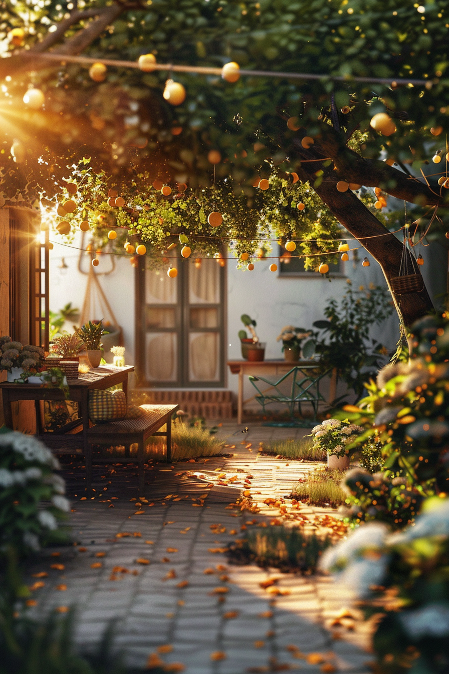 Sunlit garden patio with string lights, a wooden table, chairs, and a tree laden with oranges.