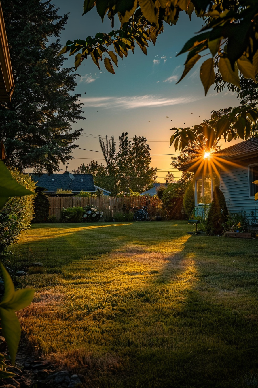 Sunset beams through trees in a serene backyard, casting a golden glow on the neatly trimmed grass.