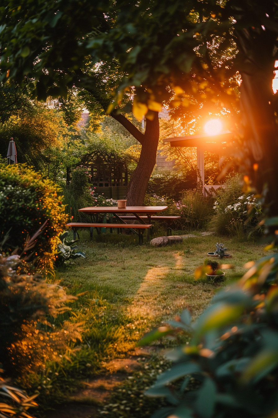 Sunset light filters through a garden with lush plants and a wooden picnic table under a tree.