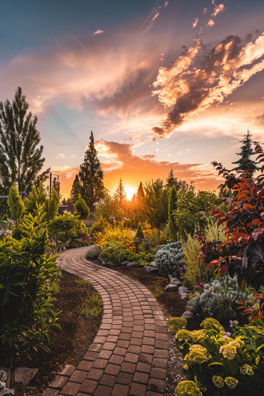 ALT: A curved brick pathway winds through a vibrant garden with assorted flowers and shrubs at sunset, under a sky painted with orange clouds.