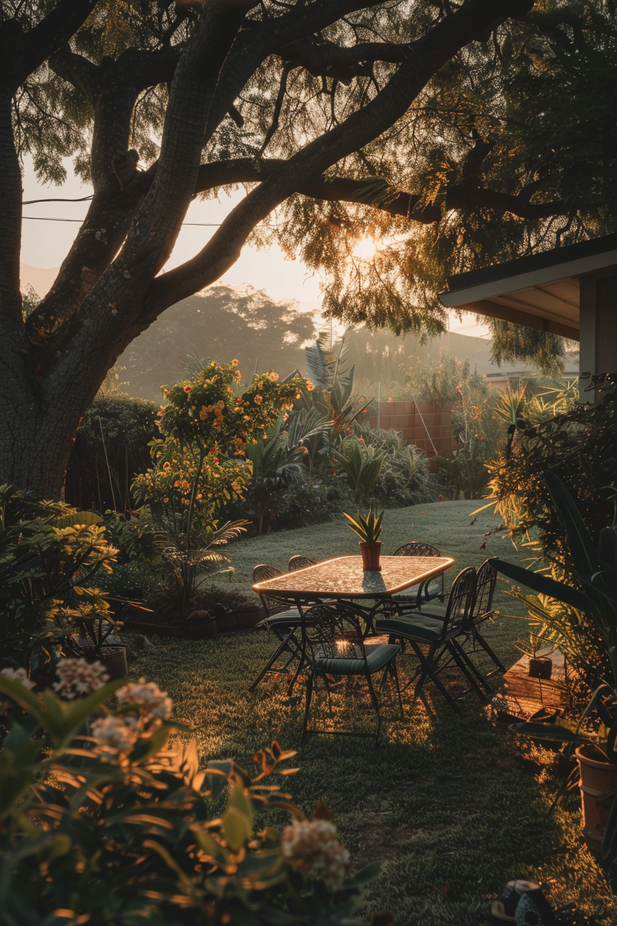A serene garden with a table and chairs bathed in warm sunlight filtering through trees at sunset.