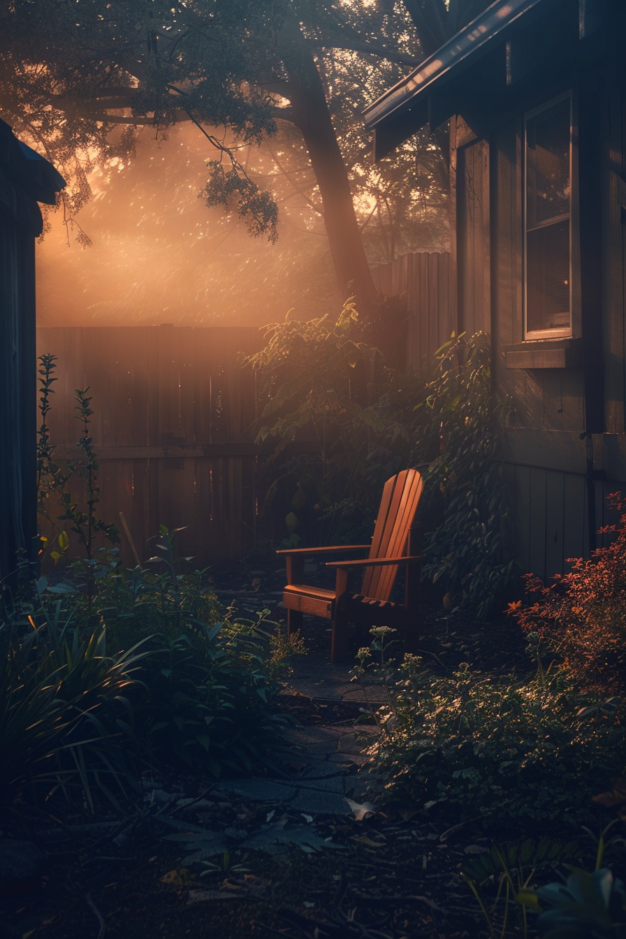 A serene backyard scene with sunlight filtering through mist among trees, illuminating a solitary wooden chair amongst lush greenery.