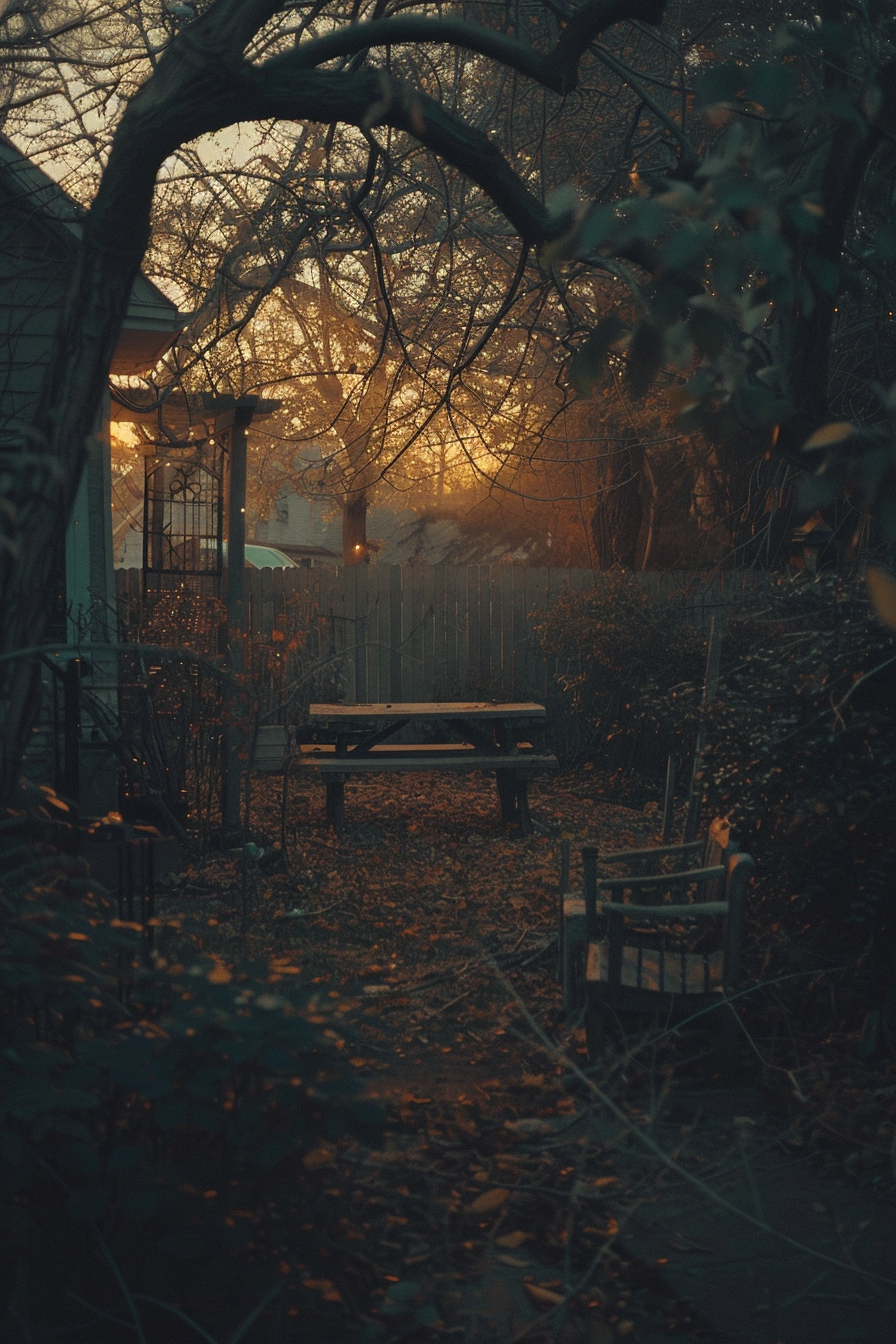 "Twilight in a serene backyard garden with a wooden bench, fallen leaves, bare trees, and a warm glowing light in the background."