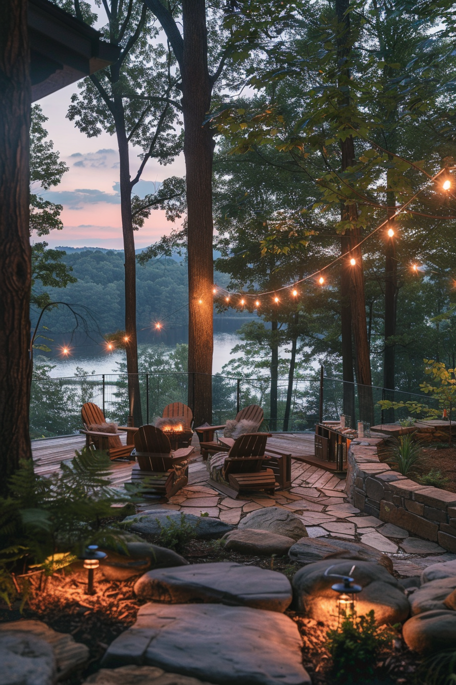 A serene lakeside patio at dusk with string lights, Adirondack chairs, a fire pit, and a lush forest backdrop.