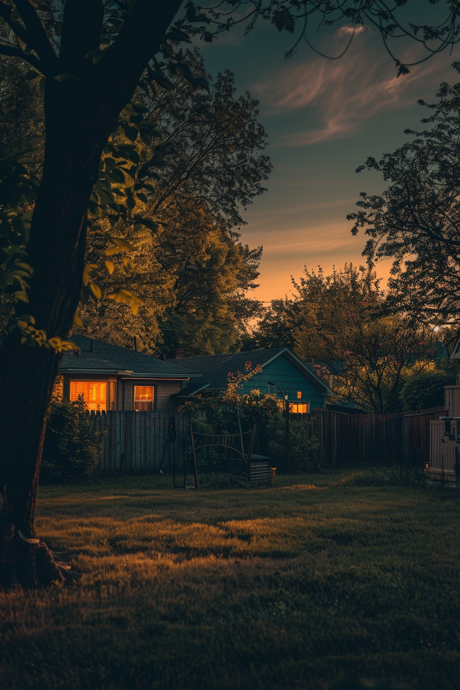 A tranquil backyard at dusk with warm light from a house window and trees silhouetted against a sunset sky.