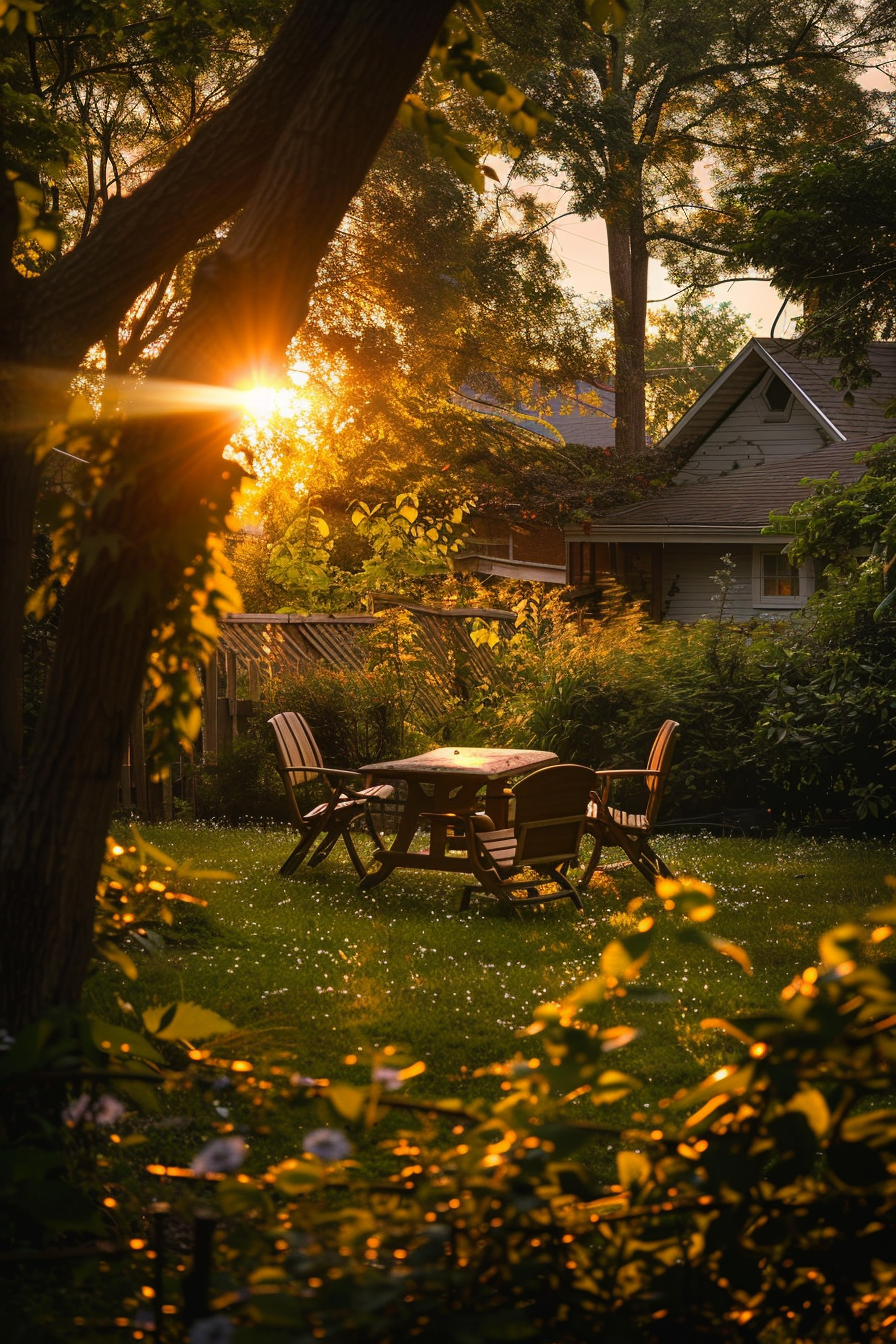 Warm sunset light filters through the trees onto a serene backyard with a wooden table and chairs, evoking a tranquil evening.