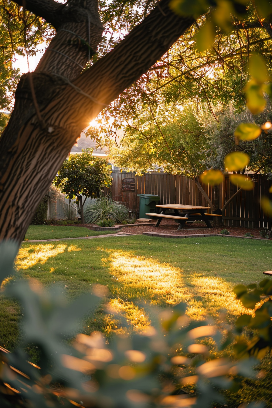 A serene backyard at sunset with warm light filtering through trees, highlighting a wooden picnic table and lush green grass.