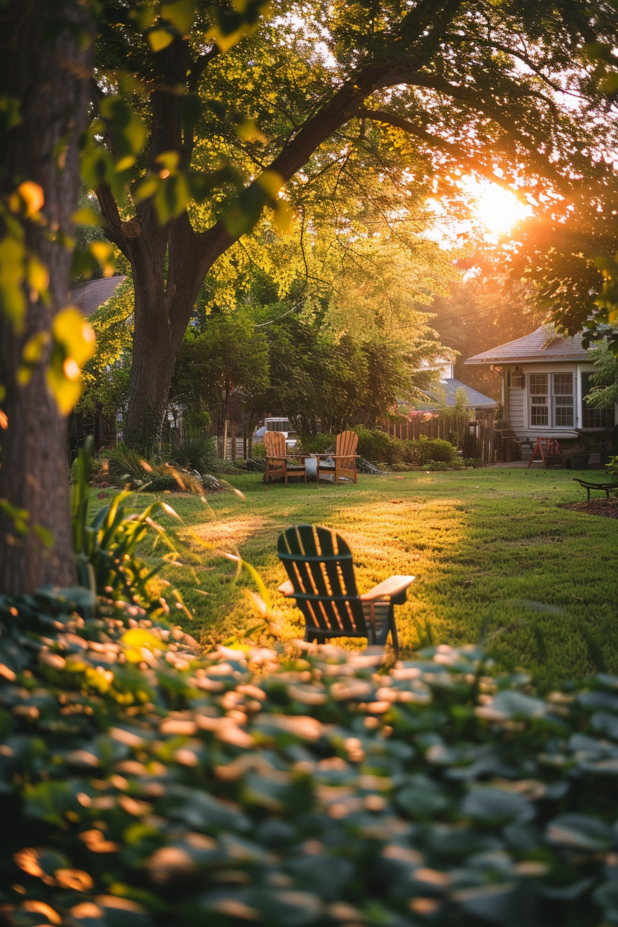 A tranquil garden at sunset with Adirondack chairs, lush green foliage, and a warm golden light filtering through the trees.