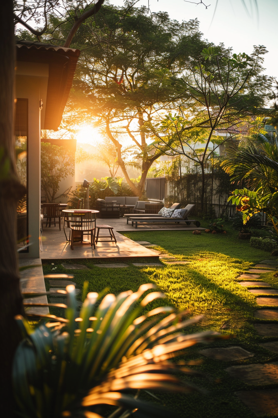 Sunrise over a peaceful backyard with lush greenery, outdoor furniture, and a person relaxing in the distance.