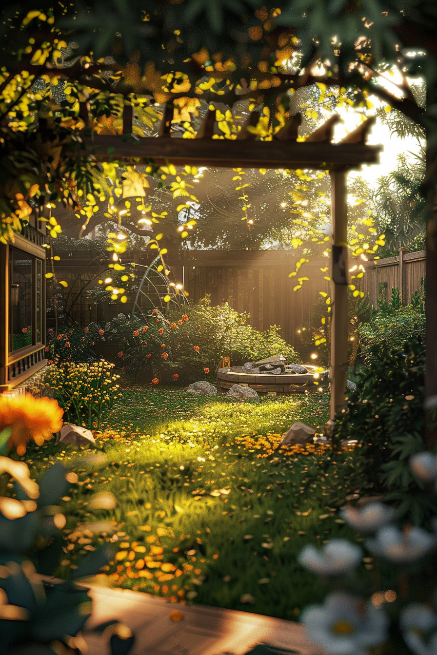 A serene garden at sunset with warm light filtering through trees, blooming flowers, and a wooden pergola overhead.