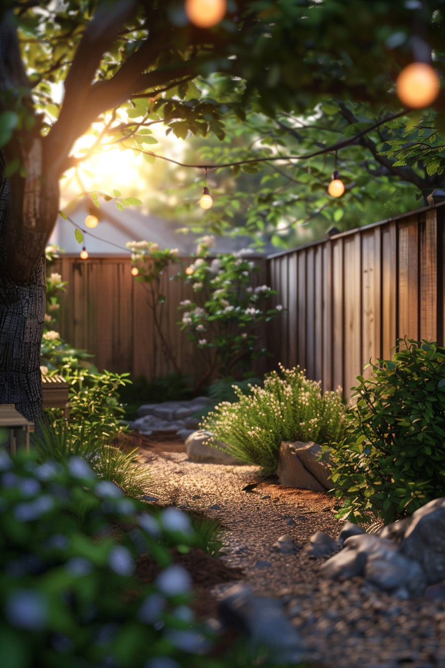 ALT: A serene garden path lined with stones, surrounded by lush plants and string lights, bathed in the warm glow of a setting sun.