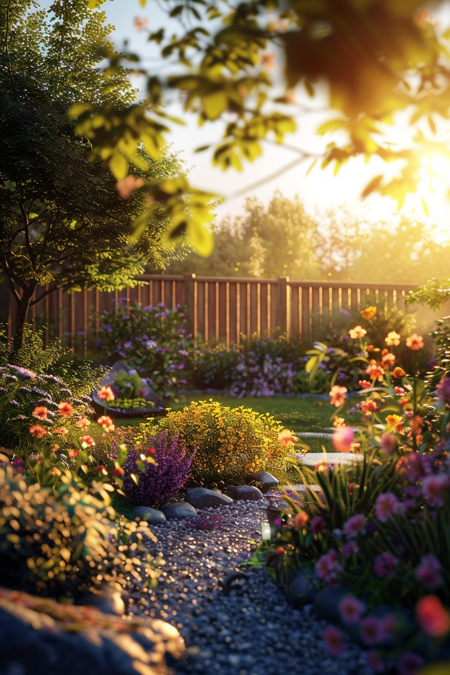 A lush garden path surrounded by vibrant flowers and greenery, basking in the warm glow of a setting sun.