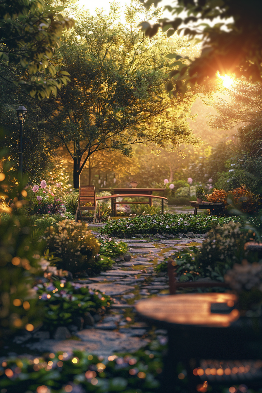 Sunset illuminates a serene garden path with benches, flowers, and a glowing lamp post.