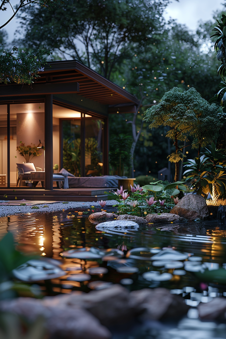 ALT text: Twilight view of a peaceful garden pond with blooming water lilies in front of a cozy, modern house with large windows and warm lighting.