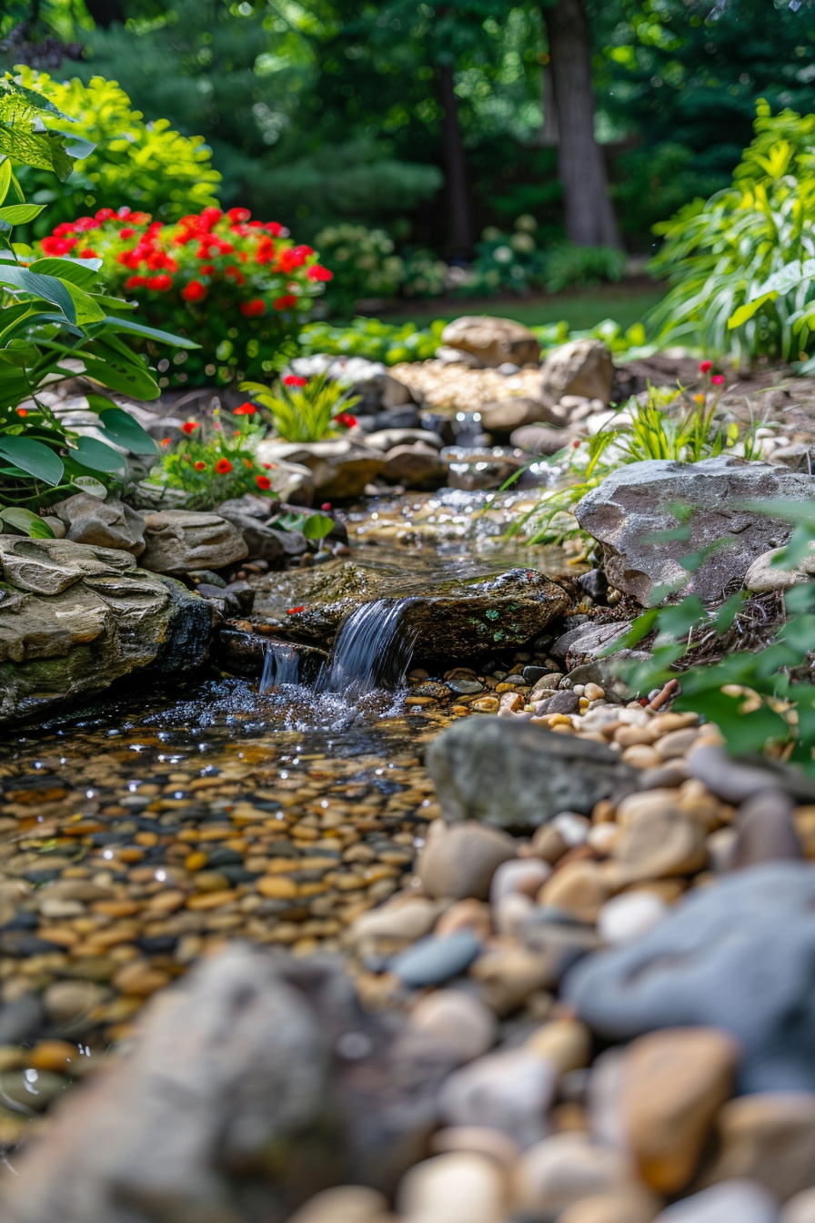 A serene garden stream with clear water flowing over pebbles and framed by lush plants and red flowers.