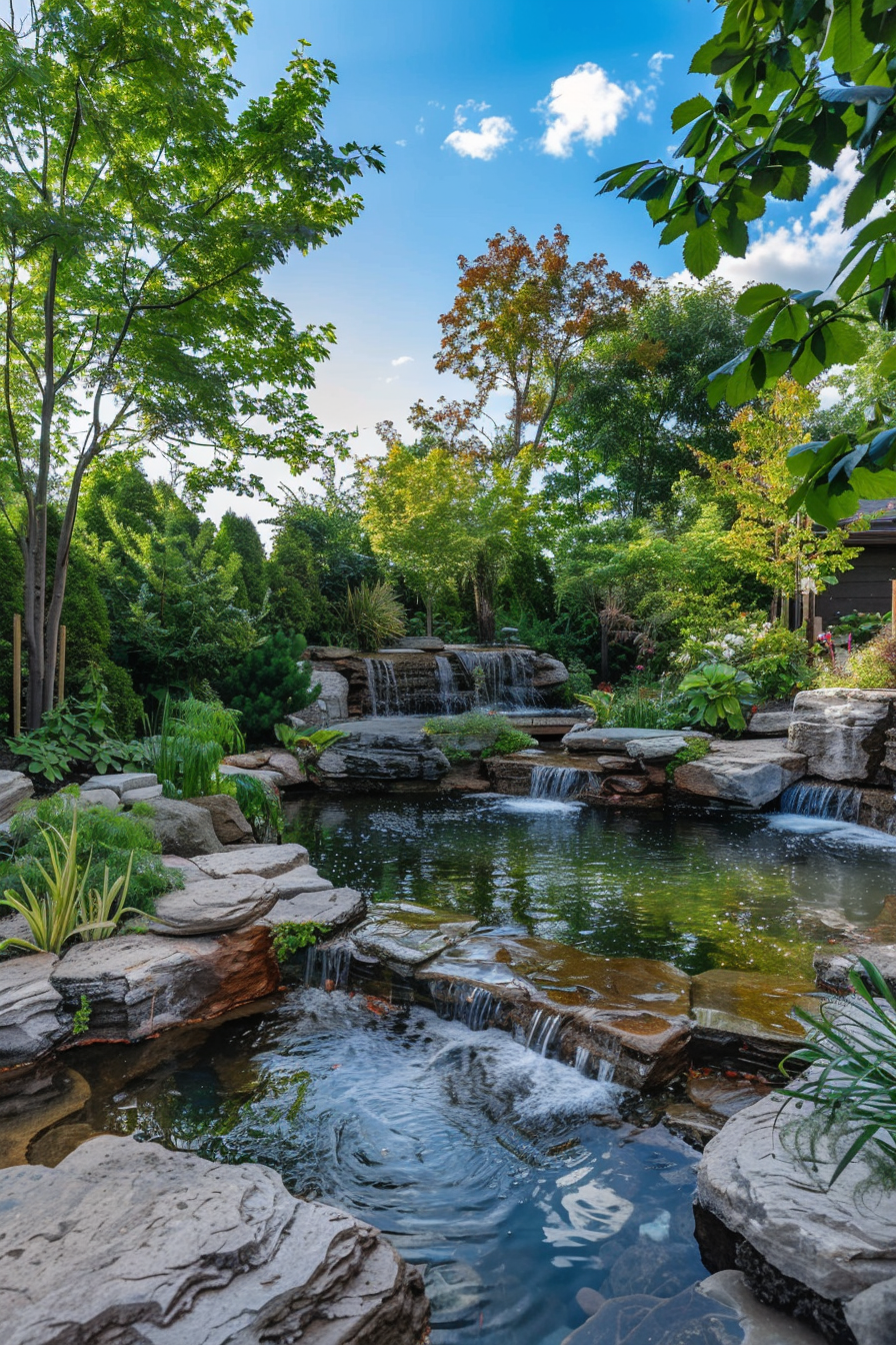 Tranquil garden with cascading waterfalls, pond, and lush greenery under a sunny sky with scattered clouds.