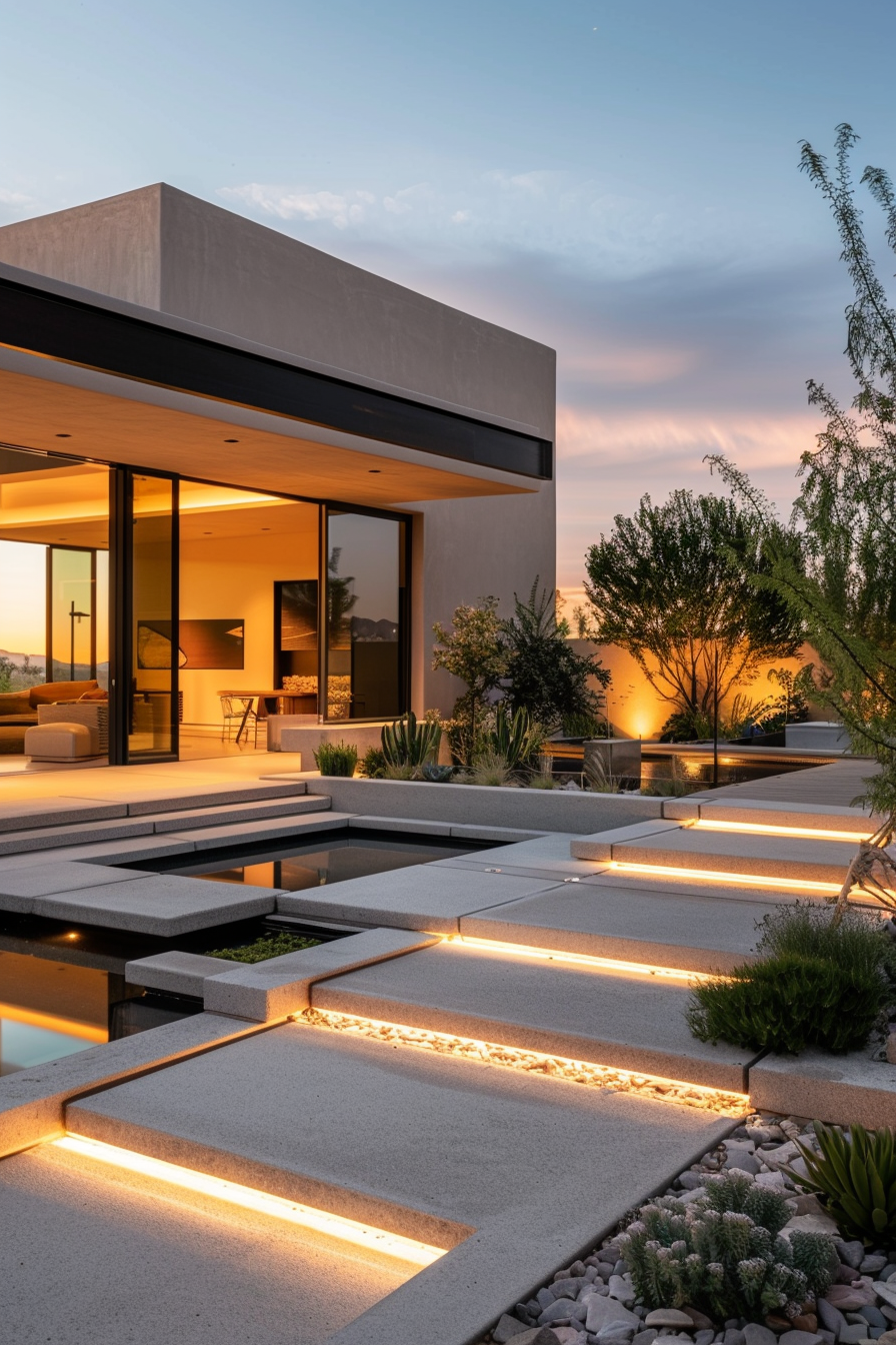 Modern house at twilight with lit garden path and landscaping.