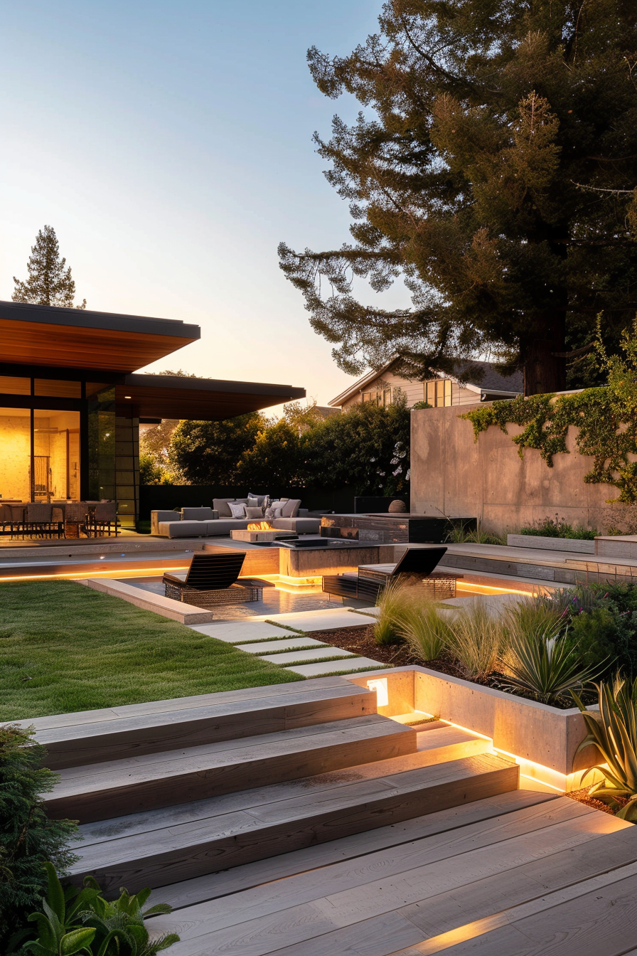 Modern backyard with lit steps, outdoor seating, fire pit, and lush landscaping at dusk.