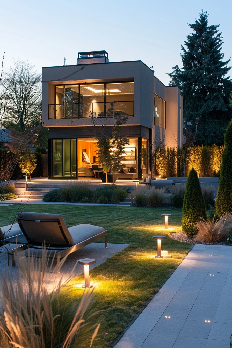 Modern two-story house with large windows illuminated at twilight, featuring a landscaped garden and pathway lights.
