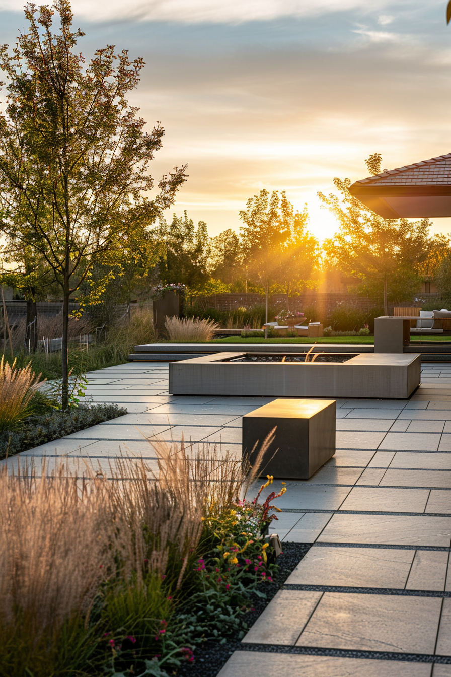 "Sundown over a serene backyard with modern landscaping, a water feature, and comfortable outdoor seating."