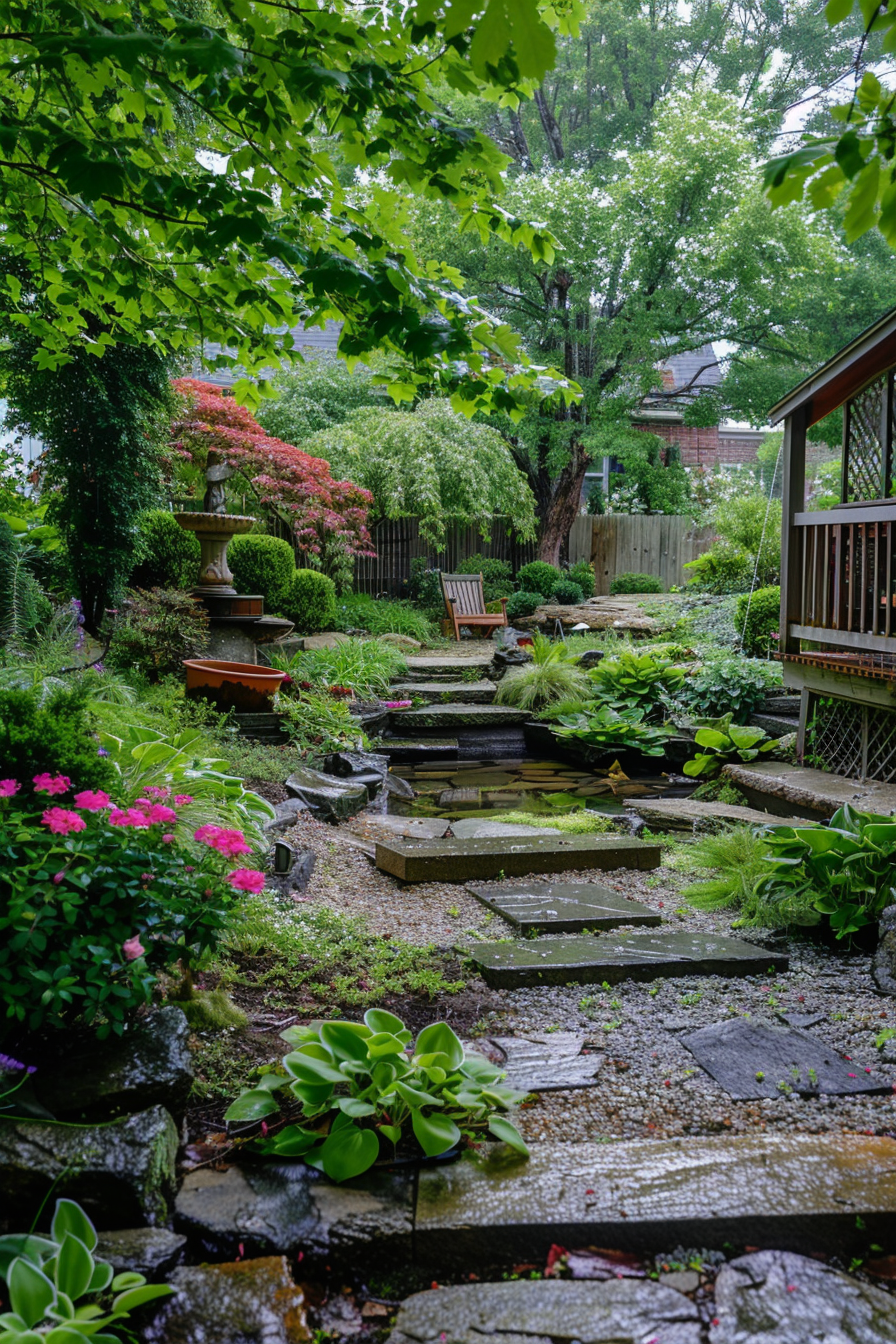 ALT: A serene garden pathway with lush greenery, flowering plants, stone steps, and a wooden deck, conveying a sense of tranquility.