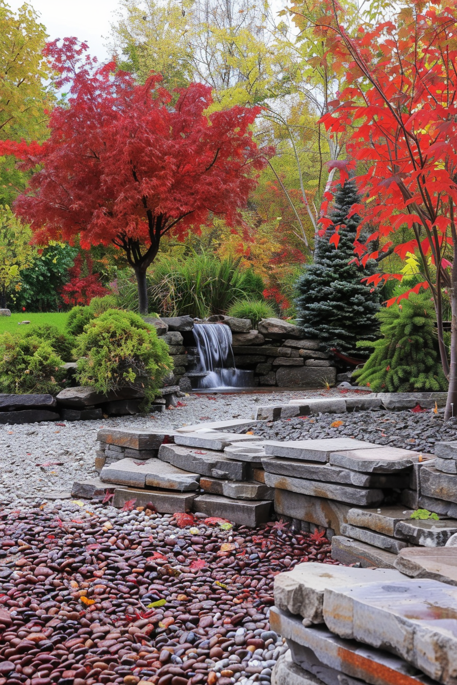A serene autumn garden with vibrant red and yellow foliage, stone steps leading to a small waterfall, and a variety of lush plants.