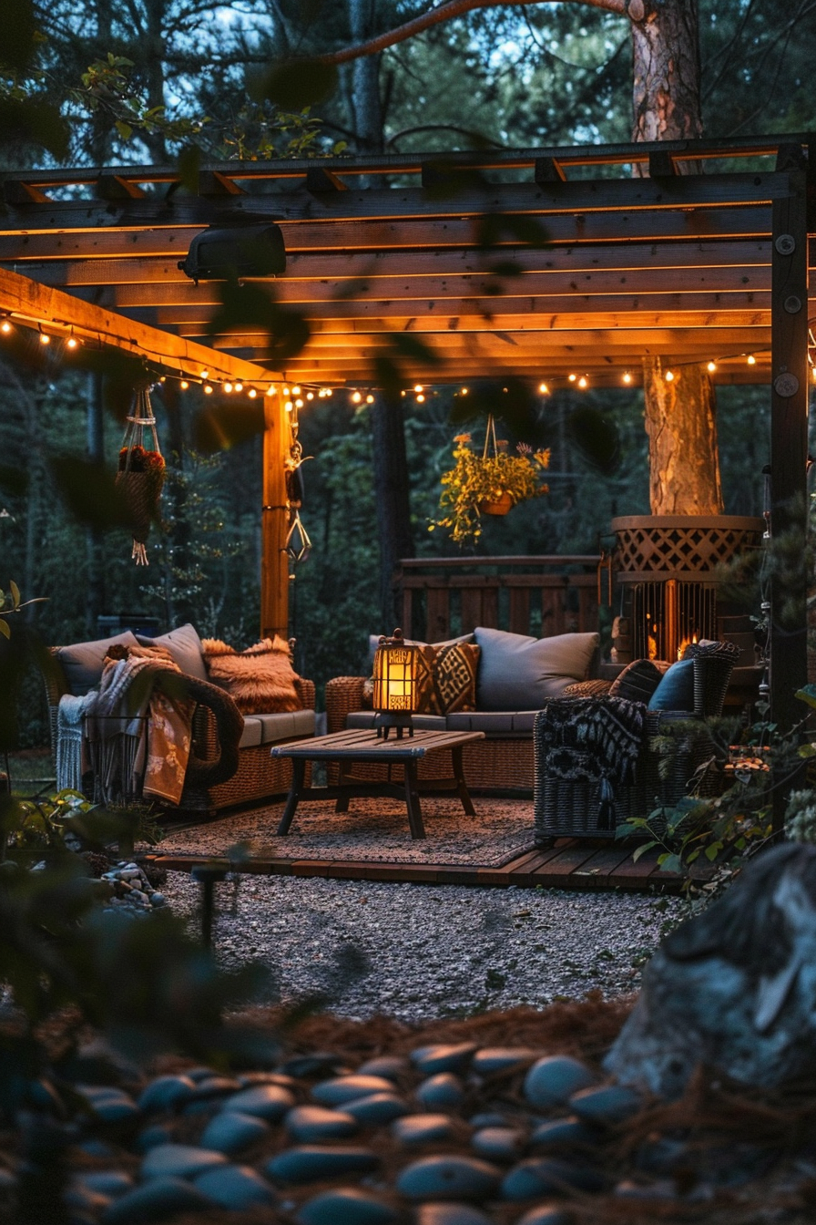 Cozy outdoor patio with string lights at dusk, featuring comfortable furniture, cushions, and a warm lantern on a table.
