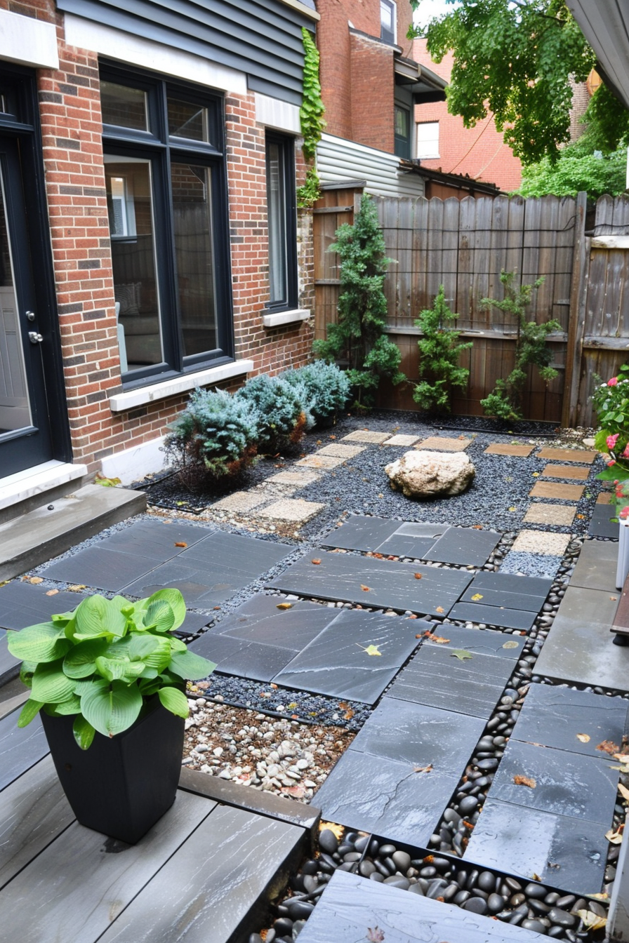 ALT text: A neatly arranged backyard patio with square stone tiles, accented with river rocks, surrounding green shrubbery, and a large potted plant.