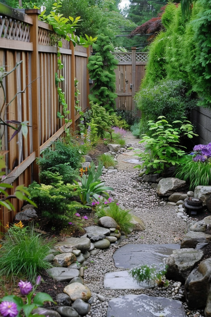 ALT: A serene garden pathway lined with stones and surrounded by lush greenery and colorful flowers, with a wooden fence on one side.