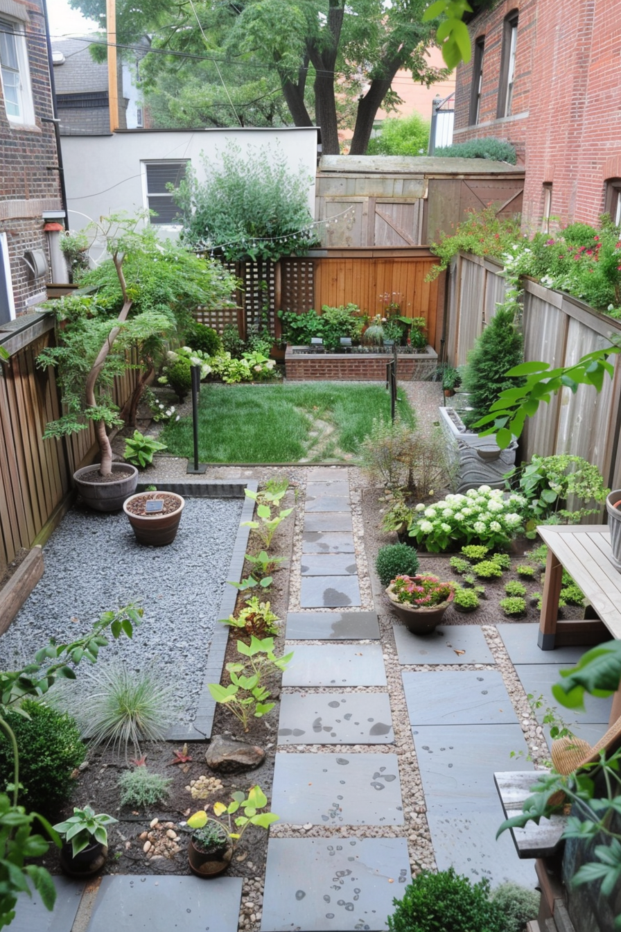 A lush garden pathway with stepping stones, surrounded by greenery, potted plants, and wooden fences in an urban backyard setting.