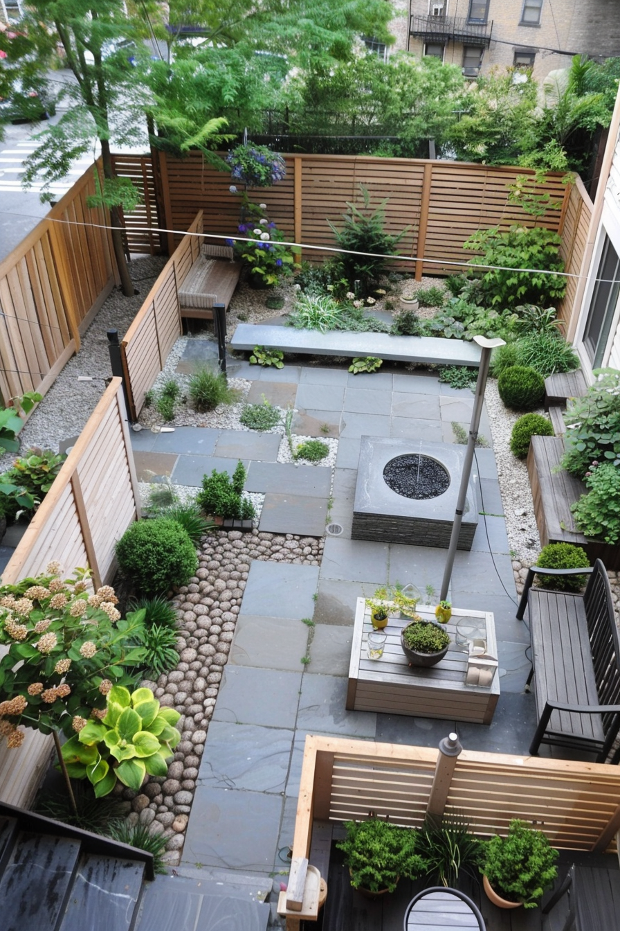A peaceful urban garden with wooden fences, stone path, lush greenery, and patio furniture, viewed from above.