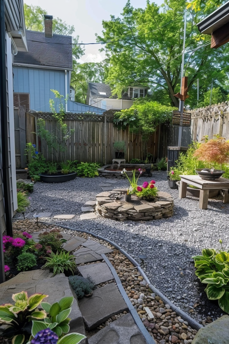 ALT: A cozy backyard garden pathway flanked by flowering plants, leading to a seating area with stone benches and a pebble ground cover.