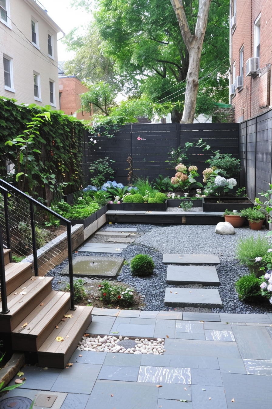 A serene backyard garden with stepping stones, greenery, a small pond, and a dark fence under an overcast sky.