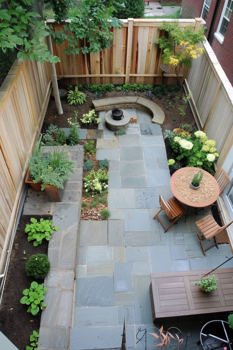 A small, cozy backyard garden with slate paving, wooden furniture, lush greenery, and a curved bench surrounding a birdbath.