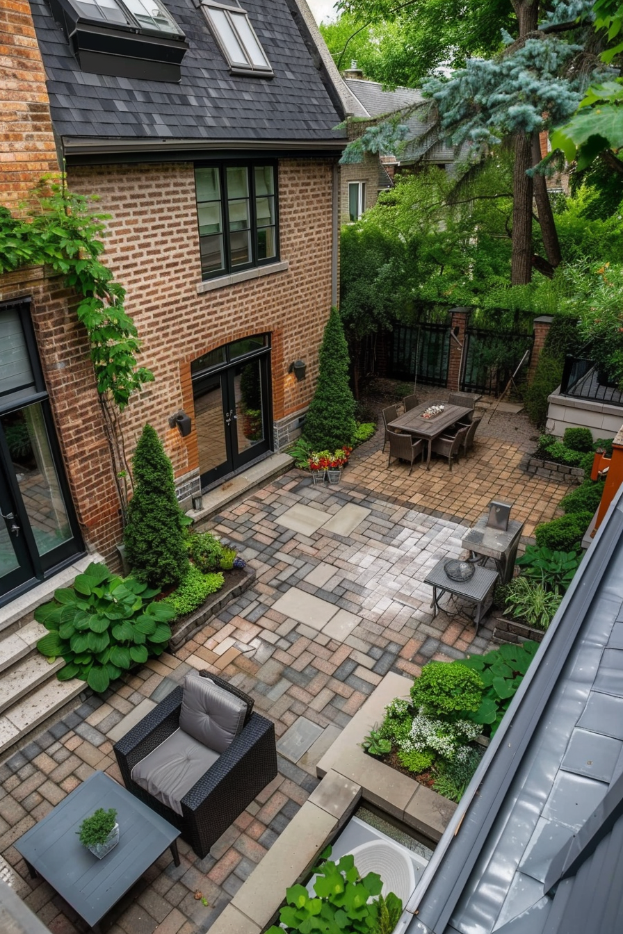 ALT: Elevated view of a cozy brick house backyard with a patio, lush greenery, outdoor furniture, and a patterned stone floor.