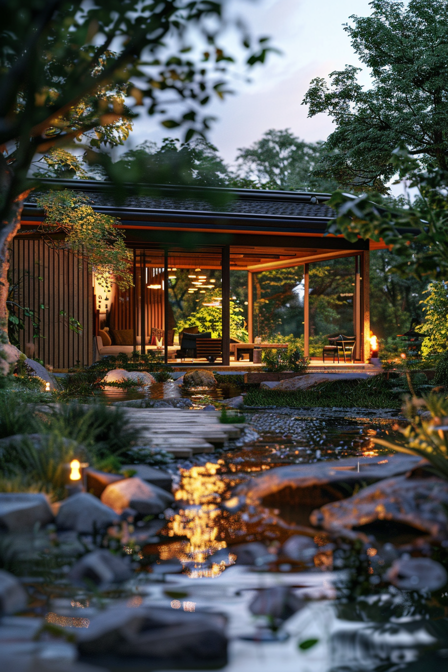Alt text: "Tranquil evening at a modern garden pavilion with warm lighting, reflecting upon a serene pond surrounded by lush greenery and stepping stones."
