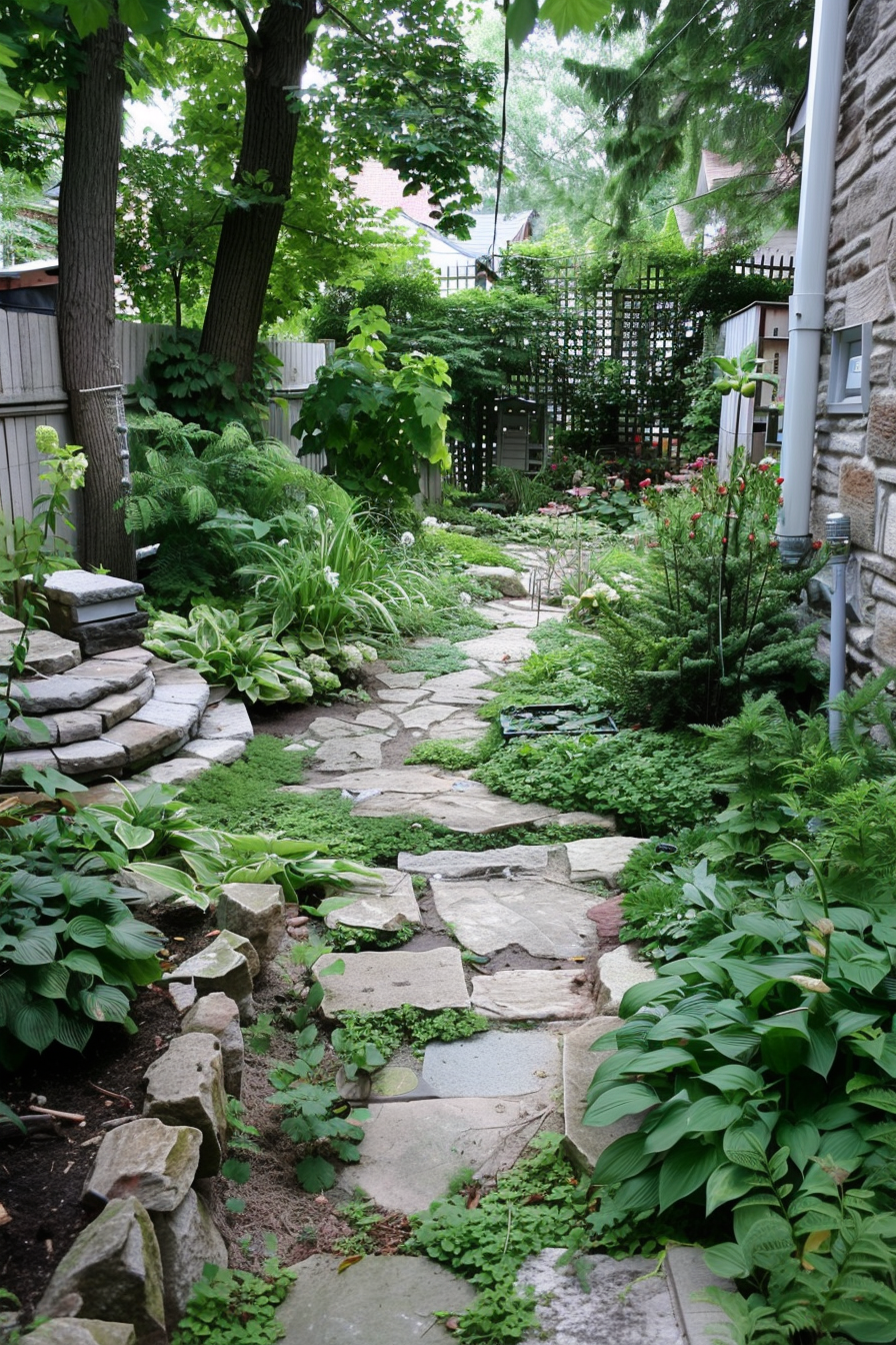 Stone pathway meandering through a lush garden with a variety of green plants and trees.