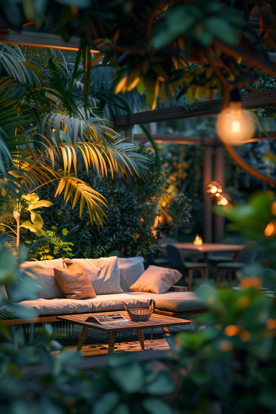 Cozy outdoor patio area with cushions on a sofa, a wooden table, surrounded by lush greenery and warm hanging lights at dusk.