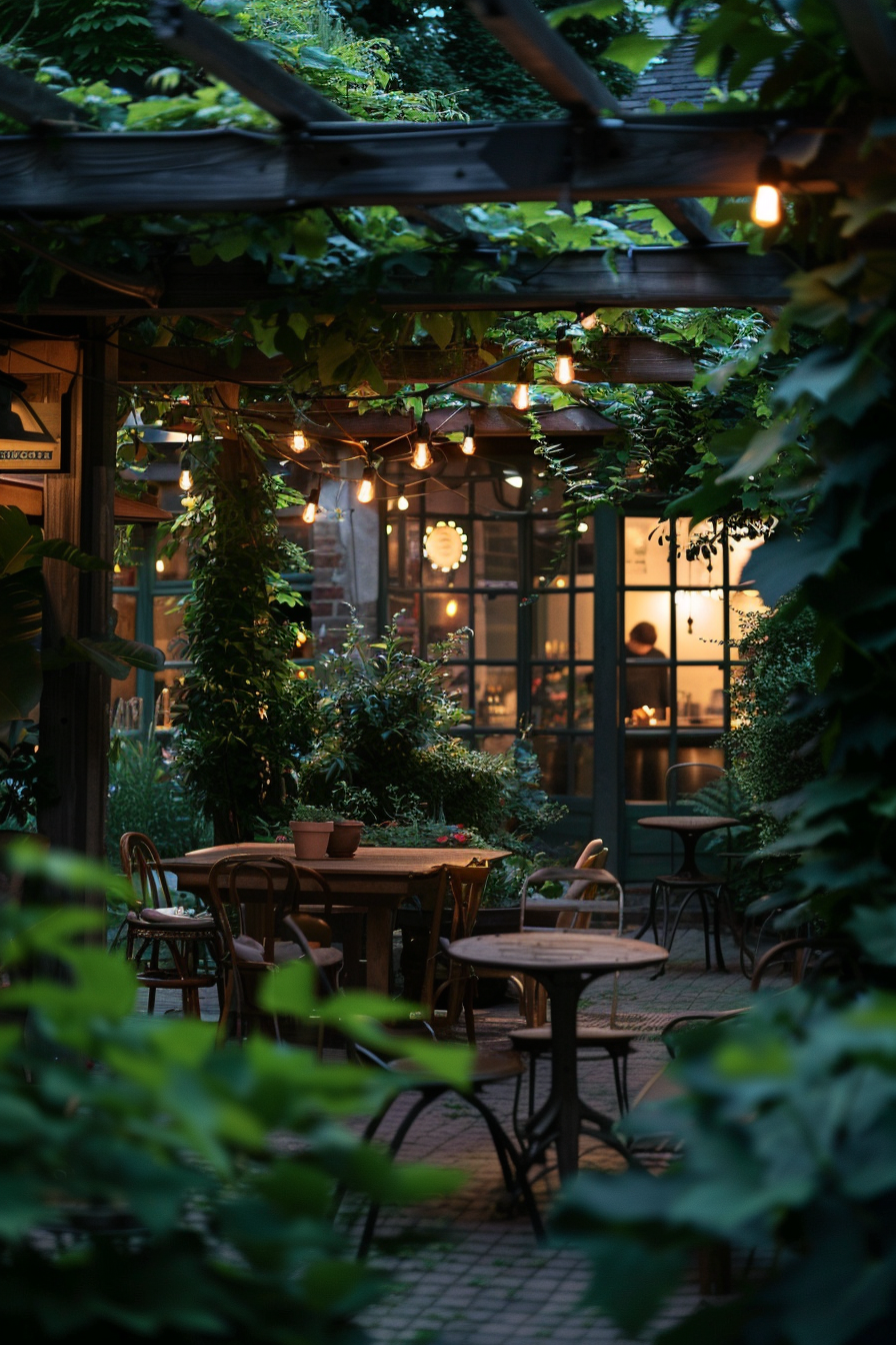 Cozy outdoor patio with hanging lights, green foliage, and wooden tables, creating an inviting evening ambiance.