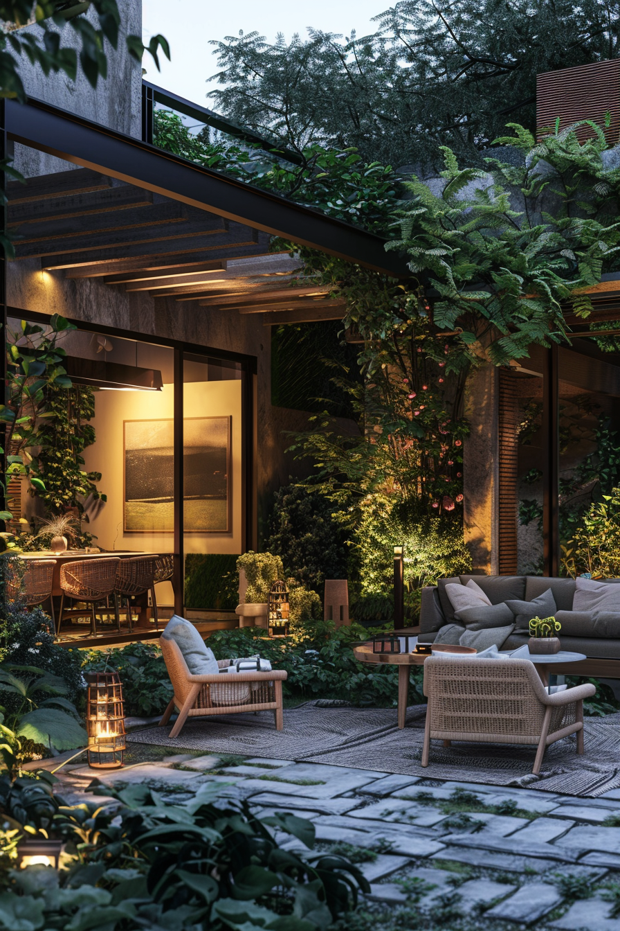 Cozy evening patio setting with modern furniture, warm lighting, and lush greenery.