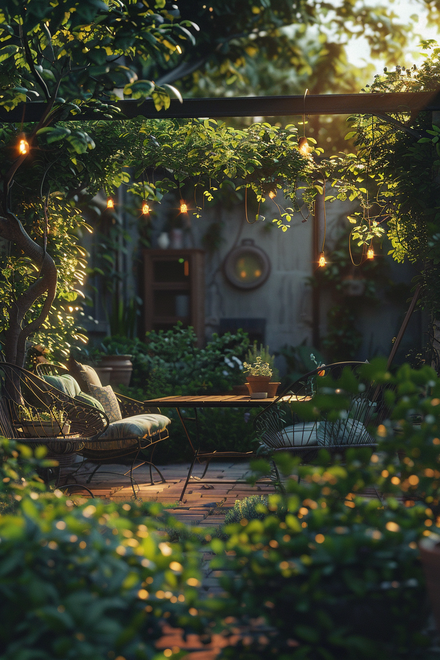 Cozy backyard garden at dusk with twinkling string lights, lush greenery, a bench with cushions, and a wooden table.