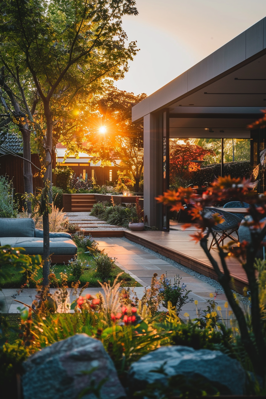 Warm sunset rays shining through trees onto a serene garden with a modern patio and lush plants.