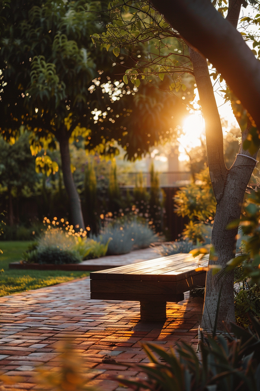 Warm sunset light filters through a garden, casting a glow on a wooden bench and paving stones, surrounded by lush greenery.